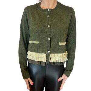 TRICOT CHIC ITALY GREEN  CARDIGAN SWEATER WOOL KNIT  CROP FRINGED FUR DETAIL 8